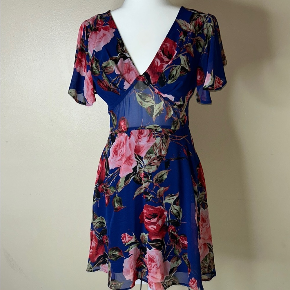 Blue and Red Flutter Sleeve Wrap Mini Dress